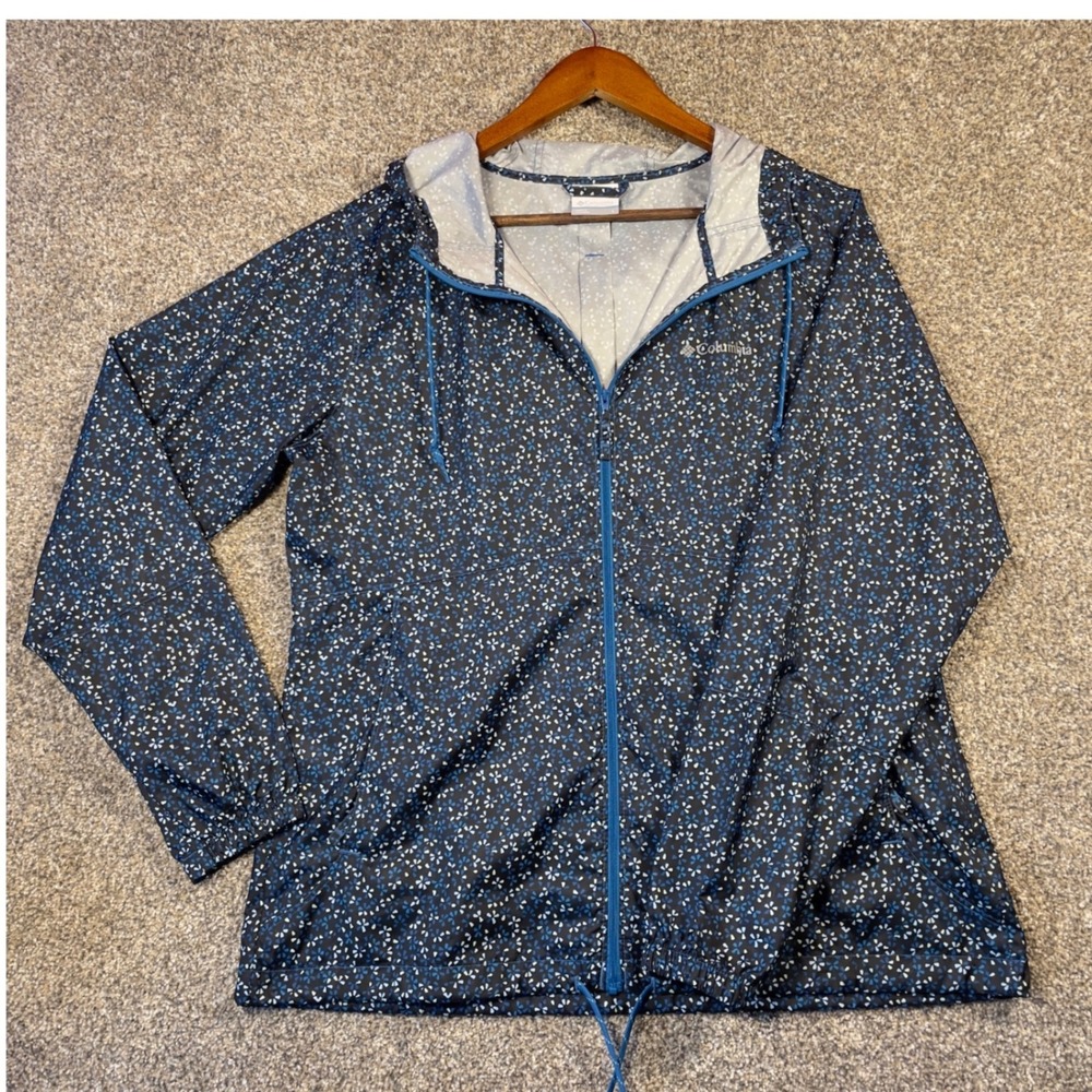 Columbia Womens Blue Floral Print Full Zip Hooded Windbreaker Jacket Large L
